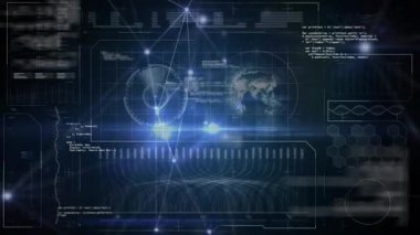 Okuldaki dünya haritası veri işlemesi ile gelecekteki dijital arayüzün canlandırılması. Teknoloji, yenilik, analiz, eğitim, etkileşimli, gelecek