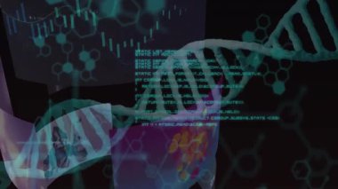 İkili kodlama ile DNA ipliği, bilimsel verileri animasyon modunda işliyor. Genetik, biyoteknoloji, dijital, dizi, biyoenformatik, deoksiribonükleik