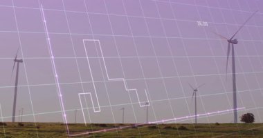 Çimenli bir arazide açık mavi gökyüzü olan rüzgar türbinleri üzerinde grafik canlandırılıyor. Yenilenebilir enerji, sürdürülebilirlik, çevre, teknoloji, kırsal