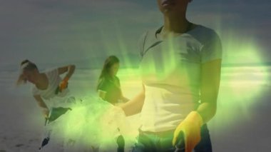 Kumsal temizleme, kadının etrafı yeşil renkli canlı efektlerle çevrili. Çevre, sürdürülebilirlik, koruma, teknoloji, çevre dostu, dijital