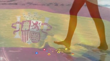 Sahilde yürümek, İspanyol bayrağı animasyonu ve renkli noktalar. Seyahat, sahil şeridi, yaz, tatil, illüstrasyon