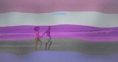 Sahilde yürüyen, arka planda renkli dalga animasyonu olan bir çift. Günbatımı, romantizm, okyanus, tatil, kıyı şeridi, grafik