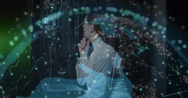 Dijital ağ ve veri görselleştirmesi üzerinde kafa yormak, gelecekteki okul ortamındaki kişi. Teknoloji, yenilik, eğitim, gelecek, konsept, siber alan