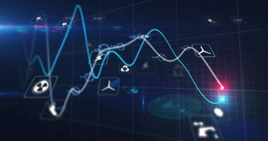 Siyah arkaplan üzerinde dijital simgeler ve veri işleme resimleri. küresel dijital arayüz, veri işleme ve teknoloji konsepti dijital olarak oluşturulmuş görüntü.