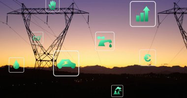 Elektrik hatları üzerinde dijital simgelerin resmi. küresel dijital arayüz, veri işleme ve teknoloji konsepti dijital olarak oluşturulmuş görüntü.