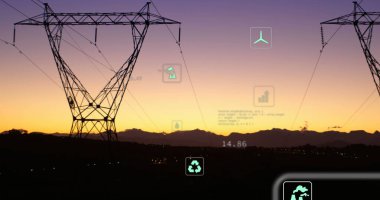 Elektrik hatları üzerinde dijital simgeler ve veri işleme resimleri. küresel dijital arayüz, veri işleme ve teknoloji konsepti dijital olarak oluşturulmuş görüntü.