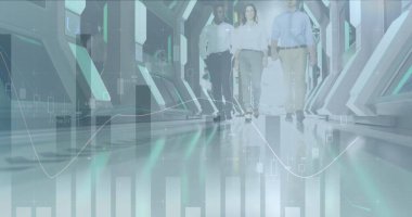 Ofiste yürüyen iş adamlarının finansal veri işleme görüntüsü. küresel finans, iş ve dijital arayüz kavramı dijital olarak oluşturulmuş görüntü.