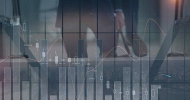 Ofisteki yürüyen merdiven kullanan iş adamlarının mali veri işleme görüntüsü. küresel finans, iş ve dijital arayüz kavramı dijital olarak oluşturulmuş görüntü.