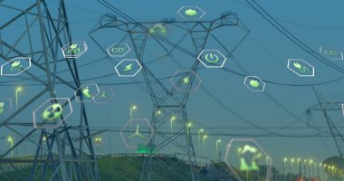 Elektrik hatları üzerinde dijital simgelerin resmi. küresel dijital arayüz, veri işleme ve teknoloji konsepti dijital olarak oluşturulmuş görüntü.