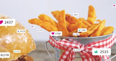Hamburger ve patates kızartması, sosyal medya ve kalp simgeleri gibi. Fast food, abur cubur, illüstrasyon, emoji, dijital sanat