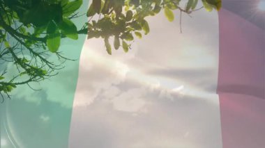 Güneşli gökyüzünün altında kucaklaşan çift, İtalyan bayrağını birlikte sallıyor. Romantizm, vatanseverlik, kutlama, birlik, seyahat, tatil