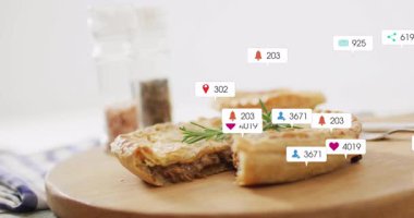 Sosyal medya bilgilendirme simgelerinin yüzdüğü lezzetli turtaların animasyonu. Yemek, lezzet, hamur işi, aşçılık, bilgilendirme, dijital