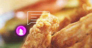 Profil ikonuyla yiyeceklerin yakın plan çekimi sırasında sohbet balonu animasyonu. İletişim, mesajlaşma, etkileşim, dijital, bilgilendirme, aşçılık