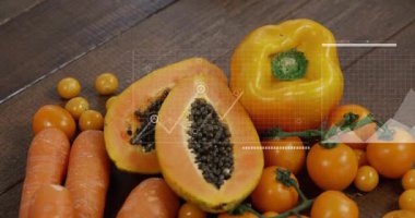 Veri işleme animasyonu papaya, havuç ve domateslerin hareket halindedir. Meyve, sebze, beslenme, teknoloji, sağlık, renkli