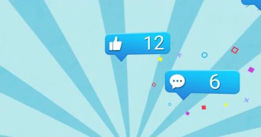 Mavi arka planda beğeni ve takipçileri olan sosyal medya bildirimlerinin animasyonu. ağ, iletişim, etkileşim, dijital, teknoloji, çevrimiçi