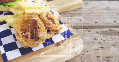 Kareli kağıtta kızarmış tavuk ve patates kızartması. Veri işleme animasyonu eşliğinde. Yiyecek, fast food, abur cubur, dijital, teknoloji, çıtır çıtır