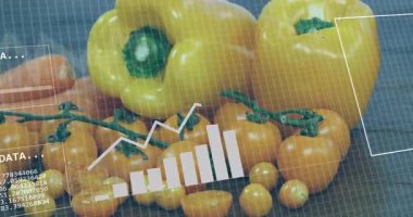 Veri tabloları ve ikili kodlu sarı biber ve domatesler animasyonu örtüyor. Teknoloji, tarım, yenilik, analiz, veri görselleştirme, tarım