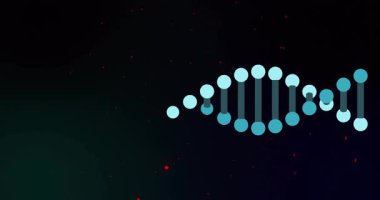 Animasyonda DNA ipliğini çevreleyen parlak yeşil ve mavi dijital desenler. Teknoloji, biyoteknoloji, genetik, yenilik, bilim, 3D işleme