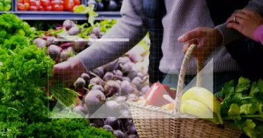 Piyasa ortamında canlandırmalı taze ürün alışverişi. Market, sebze, sağlıklı, yaşam tarzı, organik, süpermarket