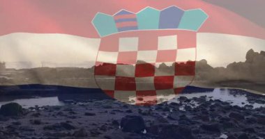 Hırvat bayrak animasyonu kayalık kıyı şeridini sakin suyla kaplıyor ve gökyüzünü yansıtıyor. Manzara, sahil, deniz manzarası, yansıma, doğa, manzara