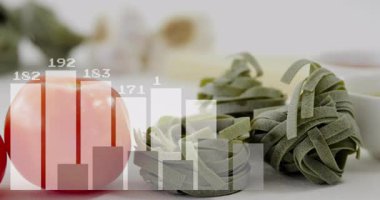 Domates ve sebzeler ve çubuk grafik animasyonu besin verilerini örtüyor. sağlıklı beslenme, organik, vitaminler, tarım, veri analizi, sağlık