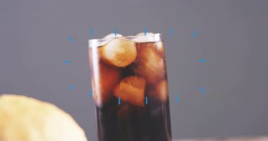 Masada mavi animasyon kaplamalı hamburger, patates kızartması ve soda. Fast food, yemek, aperatif, içecek, dijital sanat, resim