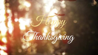 Şükran Günü mesajlı sonbahar yaprakları, arka plandaki sıcak güneş ışığı. Sonbahar, yeşillik, tatil, kutlama, minnettarlık, portakal