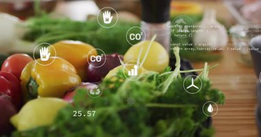 Canlandırmada sürdürülebilirlik simgelerine ve çevresel verilere sahip taze sebzeler. Çevre dostu, tarım, organik, yeşil, sağlıklı, koruma