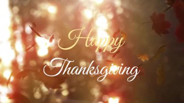 Sonbahar yaprakları sıcak ve ışıl ışıl arka planda Mutlu Şükran Günleri animasyonlarıyla düşüyor. Kutlama, minnettarlık, hasat, tatil, mevsimlik, şenlikli