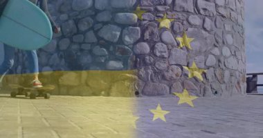 Taş duvar arkasında Ukrayna ve AB bayrağı animasyonu olan kaykay. bayraklar, Avrupa, birlik, kültür, spor