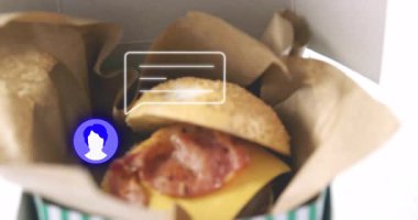 Peynirli hamburger ve pastırmalı pastırma, sosyal medya bilgilendirme animasyonu. Fast food, cheeseburger, paket servis, hoşgörü, dijital, iletişim