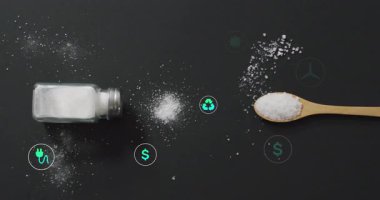 Animasyonda siyah arka planda tuzluk ve kaşık içeren çevre simgeleri. Aşçılık, baharat, mutfak, aşçılık, grafik, illüstrasyon