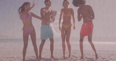 Güneşli sahilde neşeyle dans eden mayo giymiş bir grup yetişkin animasyon yaratıyor. Yaz, tatil, eğlence, eğlence, deniz kenarı, mutluluk.
