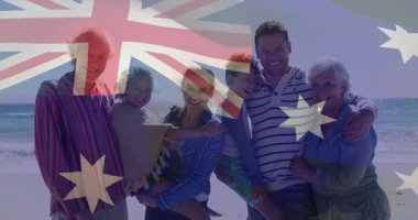 Sahilde poz vermek, arka planda Avustralya bayrağı animasyonu olan bir aile. Tatil, kutlama, yaz tatili, eğlence