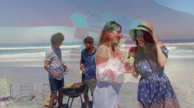 Genç arkadaşlar renkli geometrik animasyon kaplamalı plaj barbeküsünün keyfini çıkarıyorlar. yaz, parti, tatil, eğlence, eğlence, toplanma