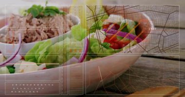 Dijital veri işleme animasyonu kaplamalı salata ve ton balığı tabağı. Yiyecek, sağlık, beslenme, deniz ürünleri, teknoloji, yenilik