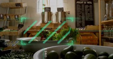 Piyasada sergilenen taze sebzeler ve meyvelerle dijital veriler animasyonu örtüyor. Üretim, teknoloji, tarım, analitik