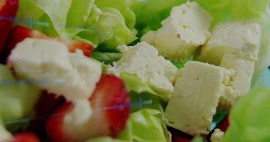 Veri animasyonuyla geliştirilmiş çilekli taze salata, peynir ve marul. Sağlıklı, beslenme, gurme, mutfak, gastronomi, vejetaryen