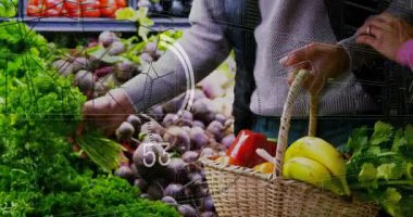 Dijital veri kaplamasını kullanarak, pazarda sepetle taze ürün alışverişi yapan kişi. bakkaliye, teknoloji, tüketici, perakende, satın alma, yenilik
