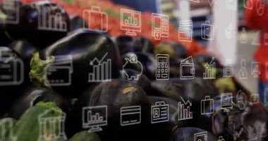 Patlıcan seçmek, piyasa sahnesinde canlandırma yapan iş simgeleri. Ticaret, sebze, satın alma, taze, açık hava, satış