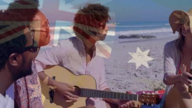 Gitar çalıp içki içen, Avustralya bayrağı animasyonu olan insanlar. Müzik, kutlama, yaz, arkadaşlar, tatil, eğlence.