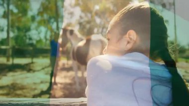 Güneşli açık havada renkli kaplama animasyonlu bir atı izleyen kişi. Binicilik, açık hava, güneş ışığı, kırsal alan, boş zaman, canlı
