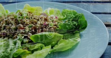 Mutfakta kinoa salatası hazırlama üzerine dijital veri animasyonu işleniyor. Teknoloji, yenilik, aşçılık, birleşme, sağlıklı, gelecekçi