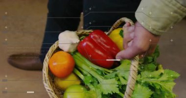 Mutfakta canlandırılmış veri işleme sepetinin içinde taze sebzeler vardı. analitik, teknoloji, fütüristik, sağlıklı, yenilik, organik