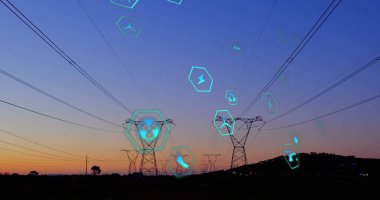 Elektrik hatları üzerinde dijital simgelerin resmi. küresel dijital arayüz, veri işleme ve teknoloji konsepti dijital olarak oluşturulmuş görüntü.