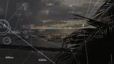 Gün batımında tropikal plajda bağlantı ve veri işleme animasyonu ağı. Teknoloji, bağlantı, iletişim, dijital, fütürist