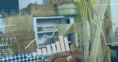 Dükkandaki fırın ürünleri üzerinde bar grafik ve ikili kod animasyonu. Analizler, teknoloji, kaplama, dijital, gelecekçi, görselleştirme