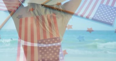 Güneş şapkası takıyor, kumsalda Amerikan bayrağının animasyonu olan bir kadın. Yaz, vatanseverlik, tatil, tatil, seyahat, tatil