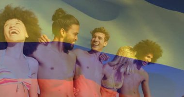 Birlikte gülüyorlar, renkli bayraklı bir grup arkadaş, animasyon yaratıyorlar. Kutlama, arkadaşlık, çeşitlilik, neşe, mutluluk, birlik