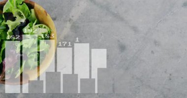 Tabaktaki salata kasesinin üzerindeki besin verilerini gösteren çizgi grafik animasyonu. Sağlıklı, diyet, analitik, görselleştirme, sebze, teknoloji